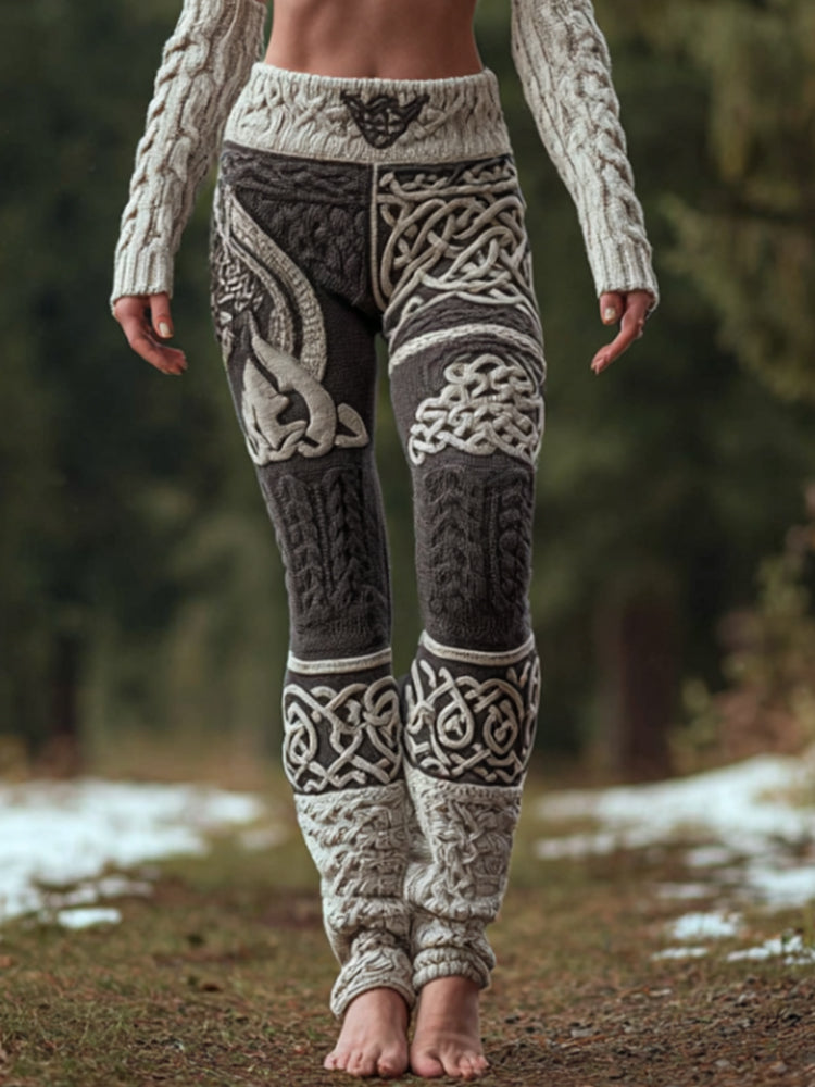 Vintage Viking Style Celtic Knot Patchwork Knitted Leggings
