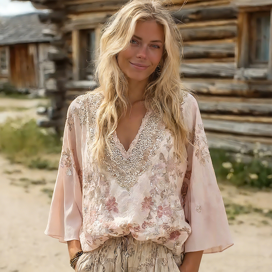 Bohemian Retro Style Flower Pattern V-neck Long Sleeve Top