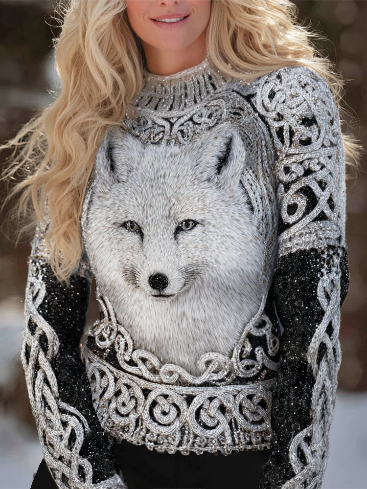 Arctic Fox & Celtic Knot Pattern Women's Turtleneck Sweater