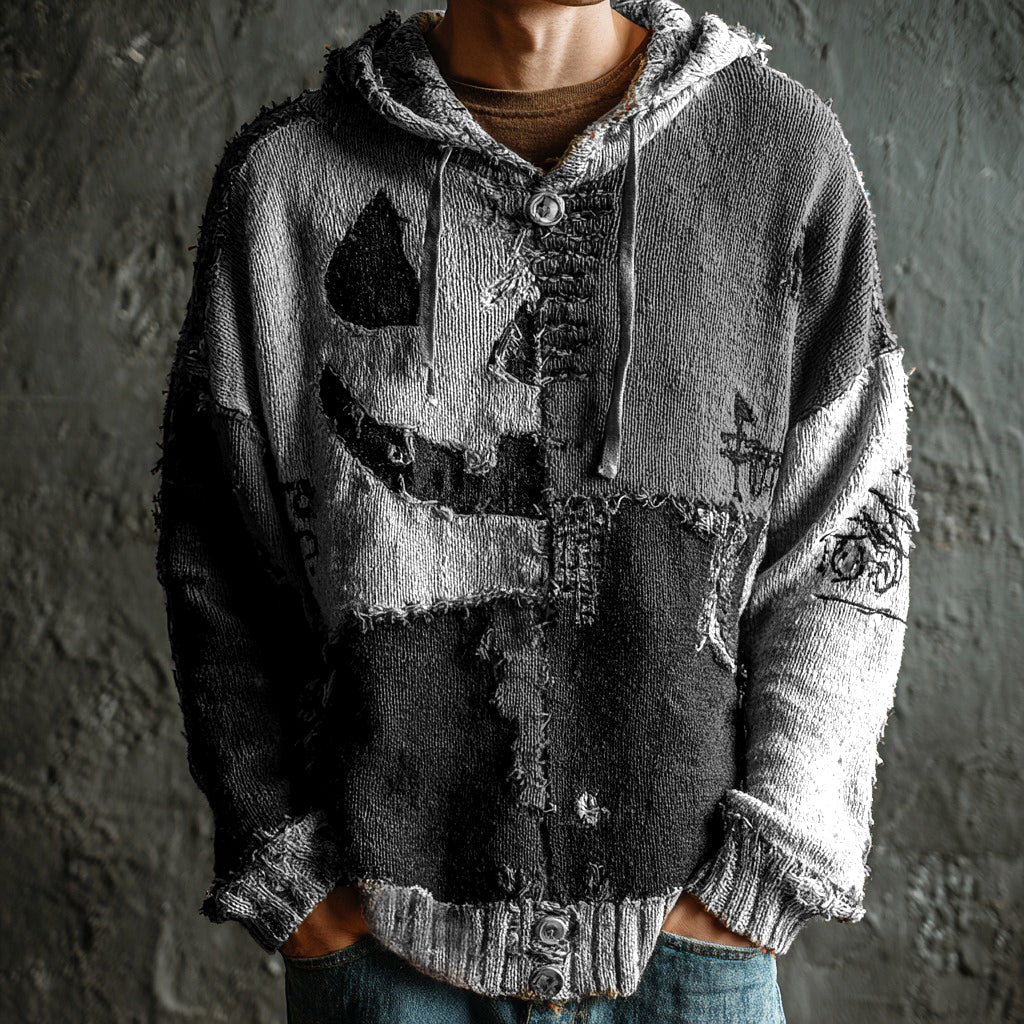 Men's Halloween Pumpkin Face Colorblock Stitched Cozy Knit Hooded Sweater