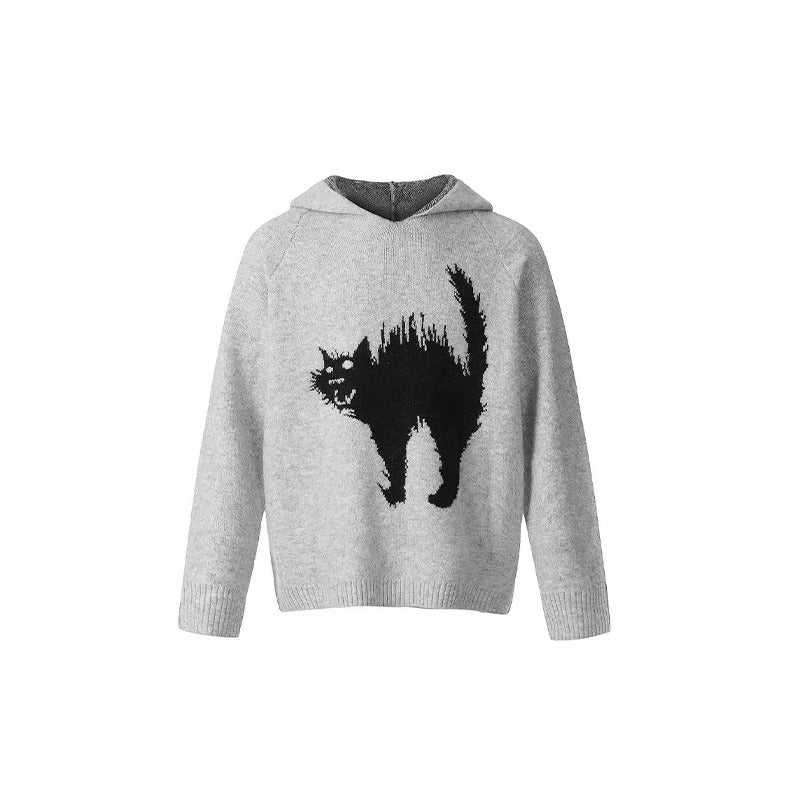 Unisex Scaring Black Cat Jacquard Art Knit Cozy Unisex Hooded Sweater