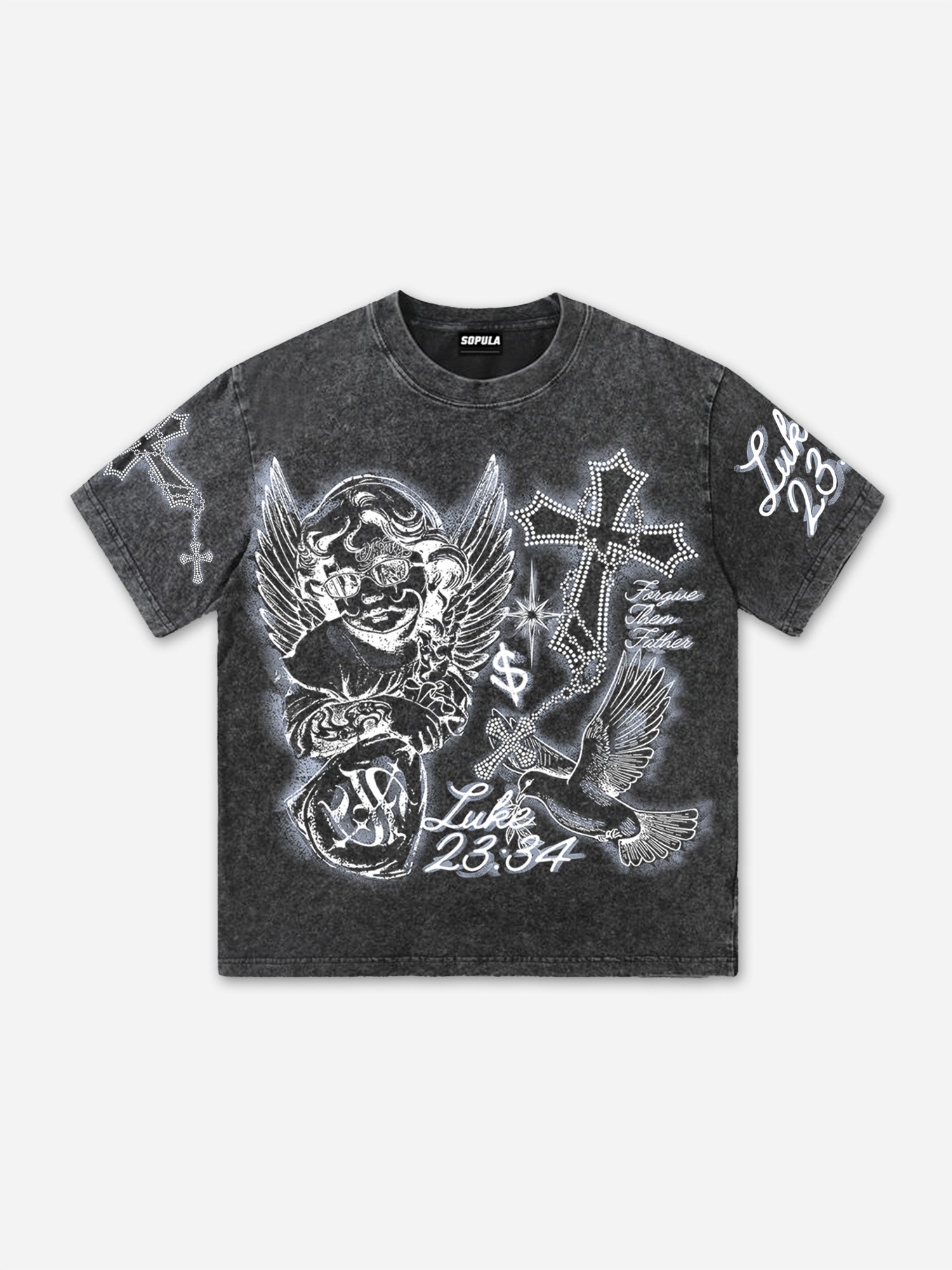 Angel Cross Graffiti Street Graphic Acid Washed T-shirt