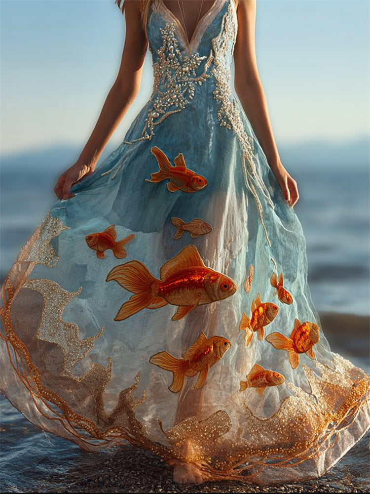 Aquarium Aesthetic Golden Fish Lace Flowy Maxi Dress