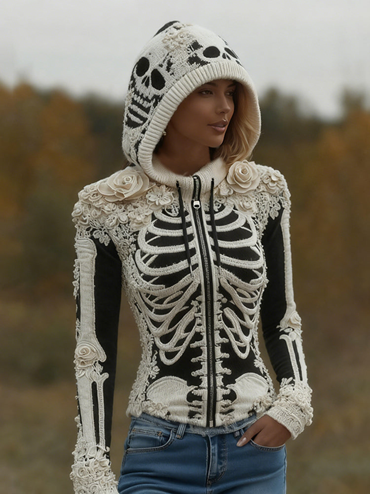 Women's Halloween Skeleton Bones With Roses Art Knitted Warm Zipper Hooded Sweater