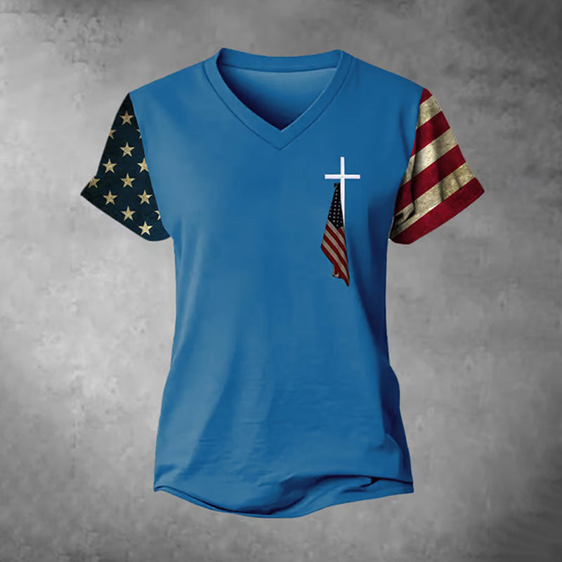 Women's Flag Cross Print V-neck T-shirt