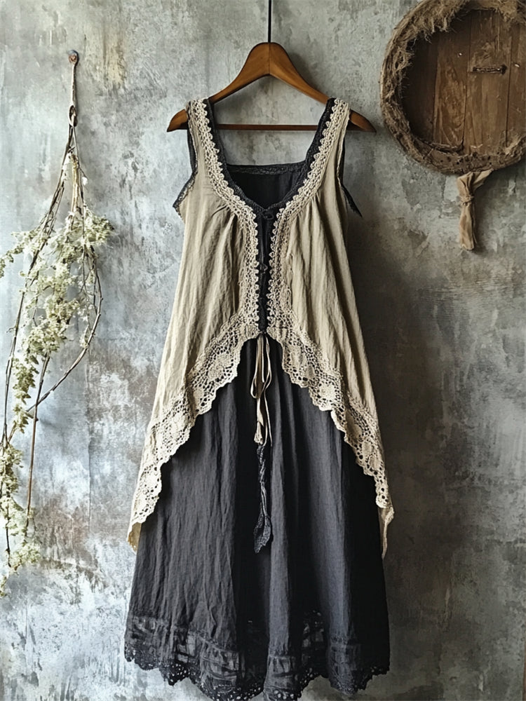 Vintage Lace Hem Layered Linen Tank Dress