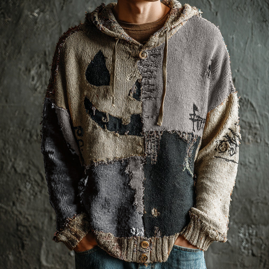 Men's Halloween Pumpkin Face Colorblock Stitched Cozy Knit Hooded Sweater