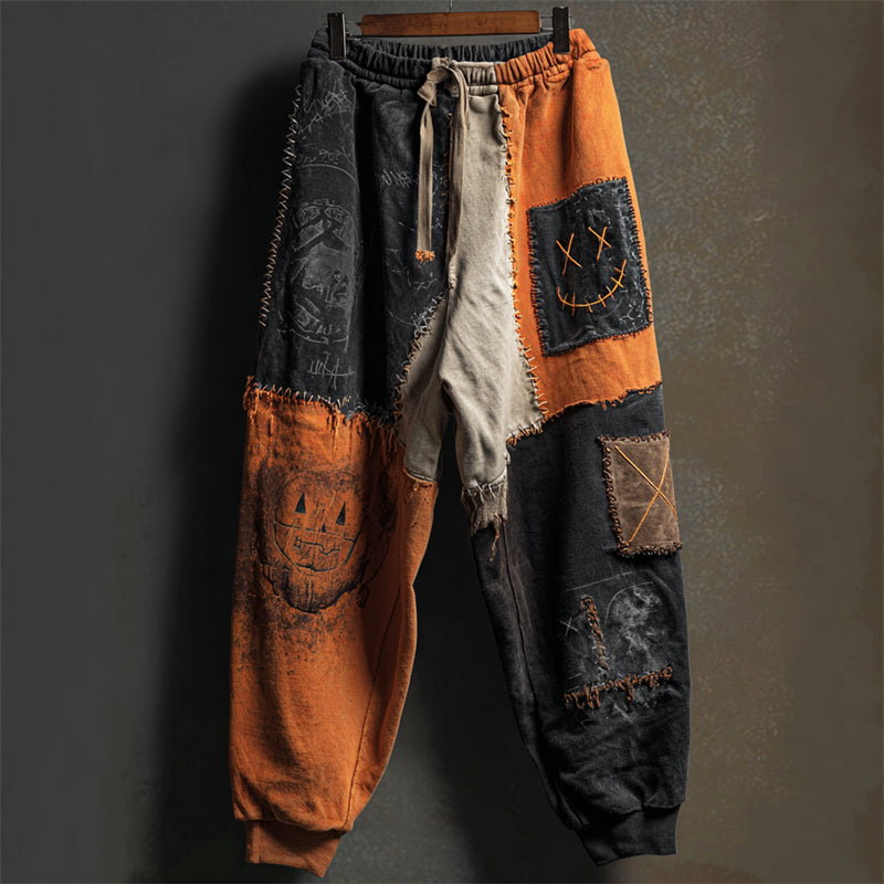 Halloween Stitched Faces Colorblock Patchwork Sweatpants