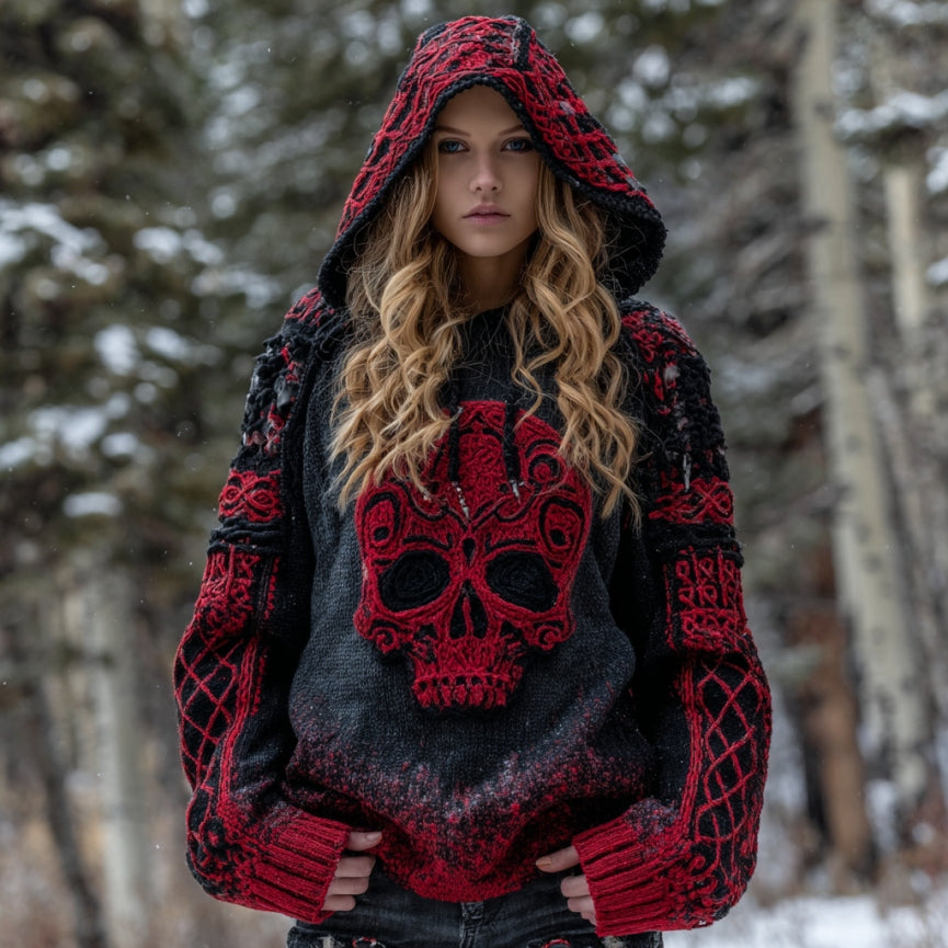 Women's Vintage Viking Tribal Celtic Skull Gradient Chunky Knit Hooded Sweater