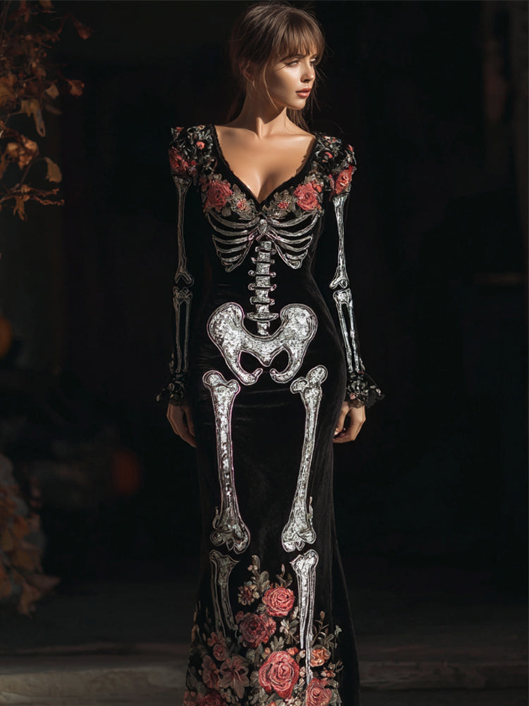 Vintage Floral Skeleton Glitter Sequins Cozy Velvet Maxi Dress