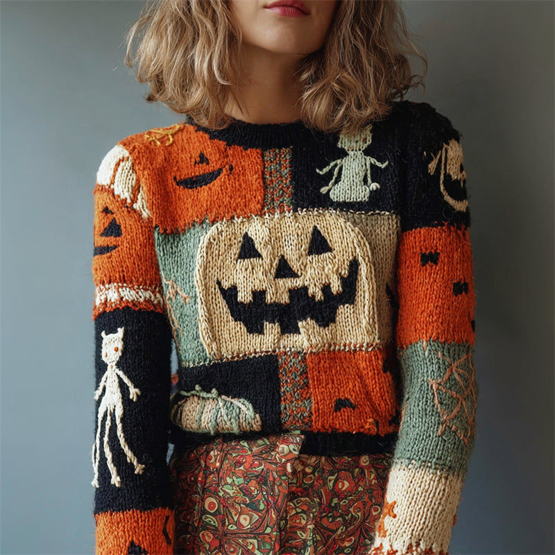 Vintage Halloween Pumpkin Colorblock Cozy Knit Sweater