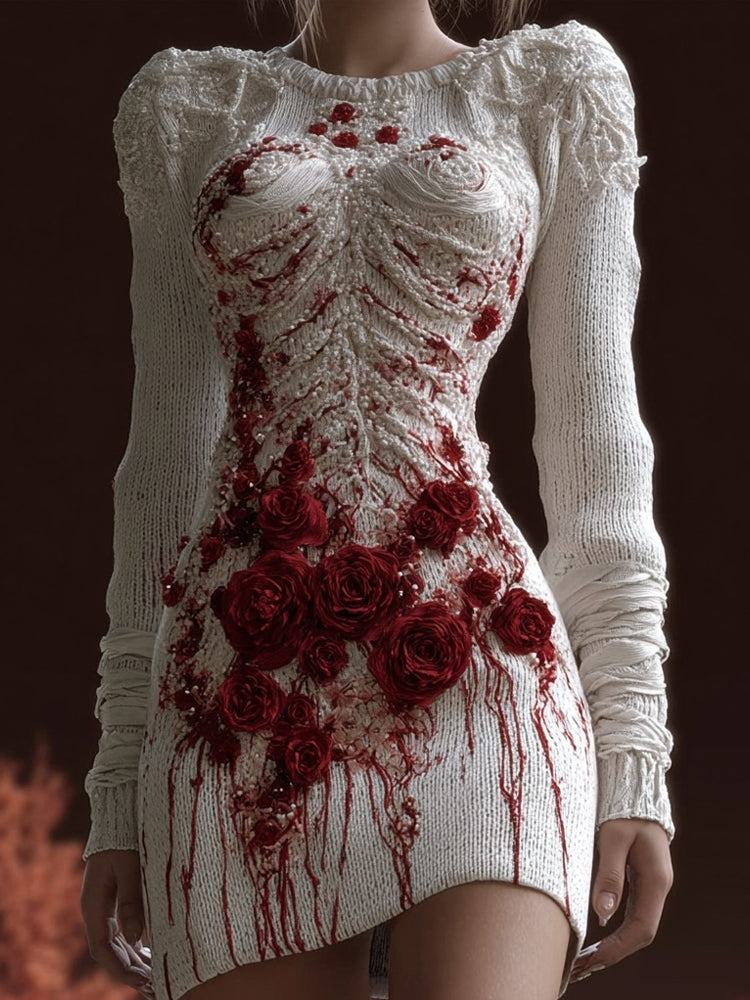Bloody Bandages Roses Embroidered Cozy Sweater Dress