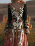 Vintage Skeleton Roses Glitter Gradient Flowy Maxi Dress