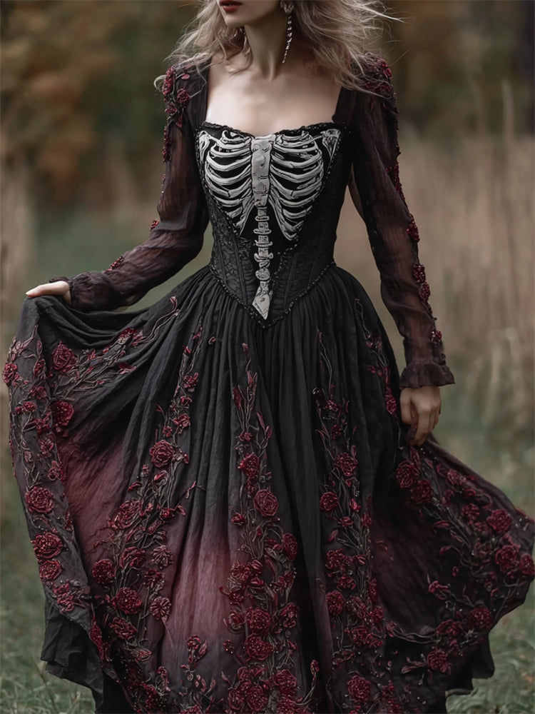 Vintage Skeleton Roses Fiber Art Gradient Flowy Linen Maxi Dress