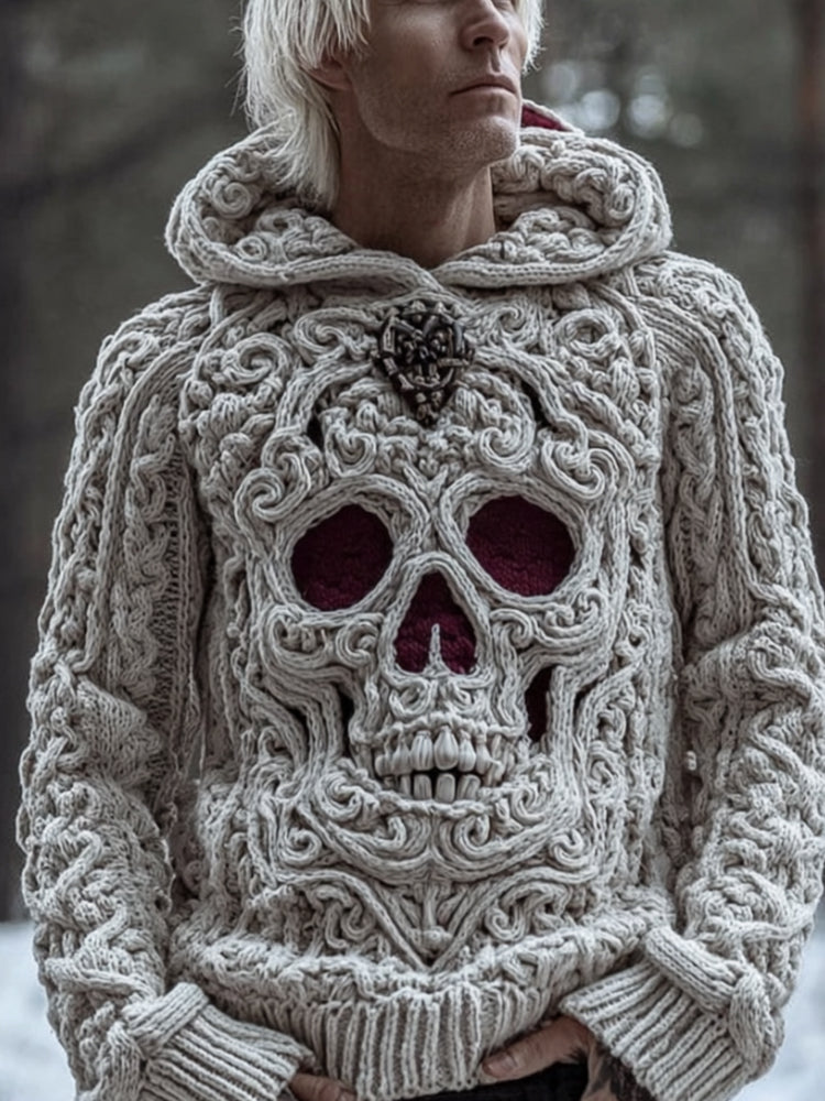 Men Halloween Red Eyed Skull With Antique Embroidery Hooded Sweater