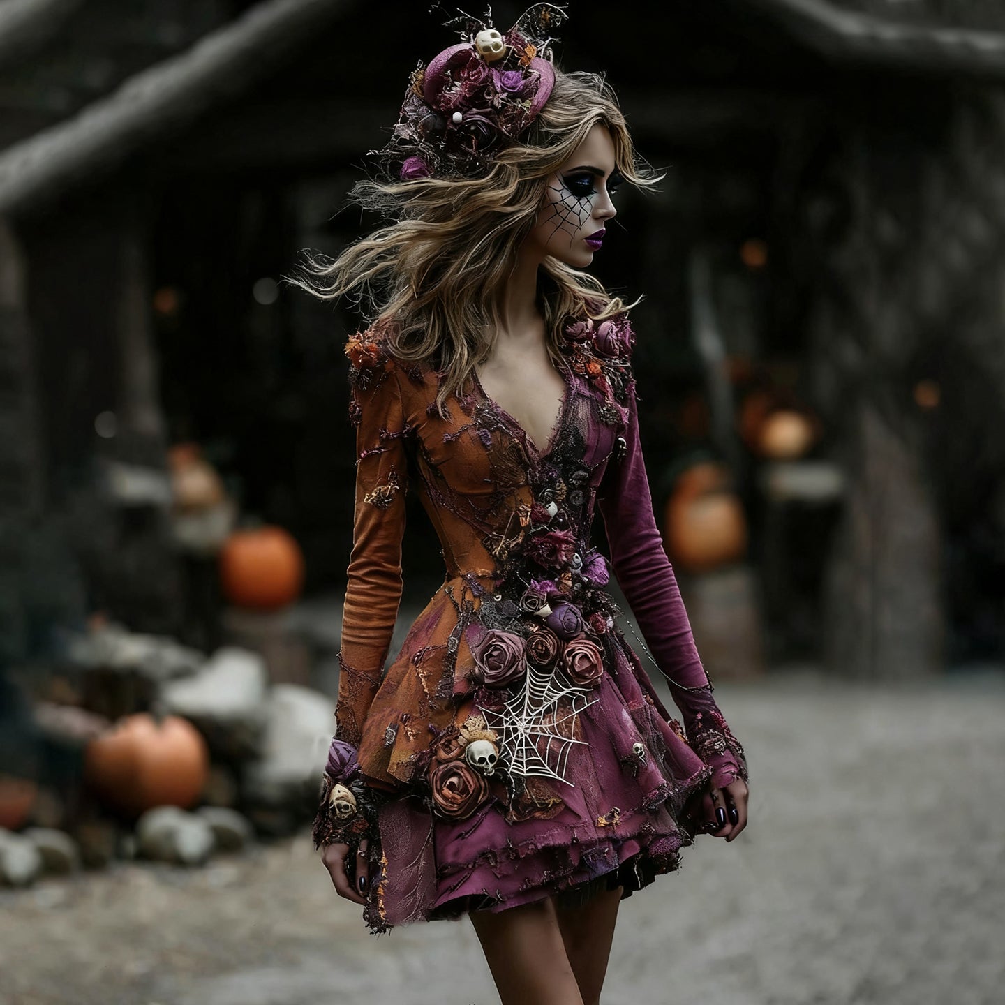 Women's Halloween Rose Skull Patchwork Witch Midi Dress