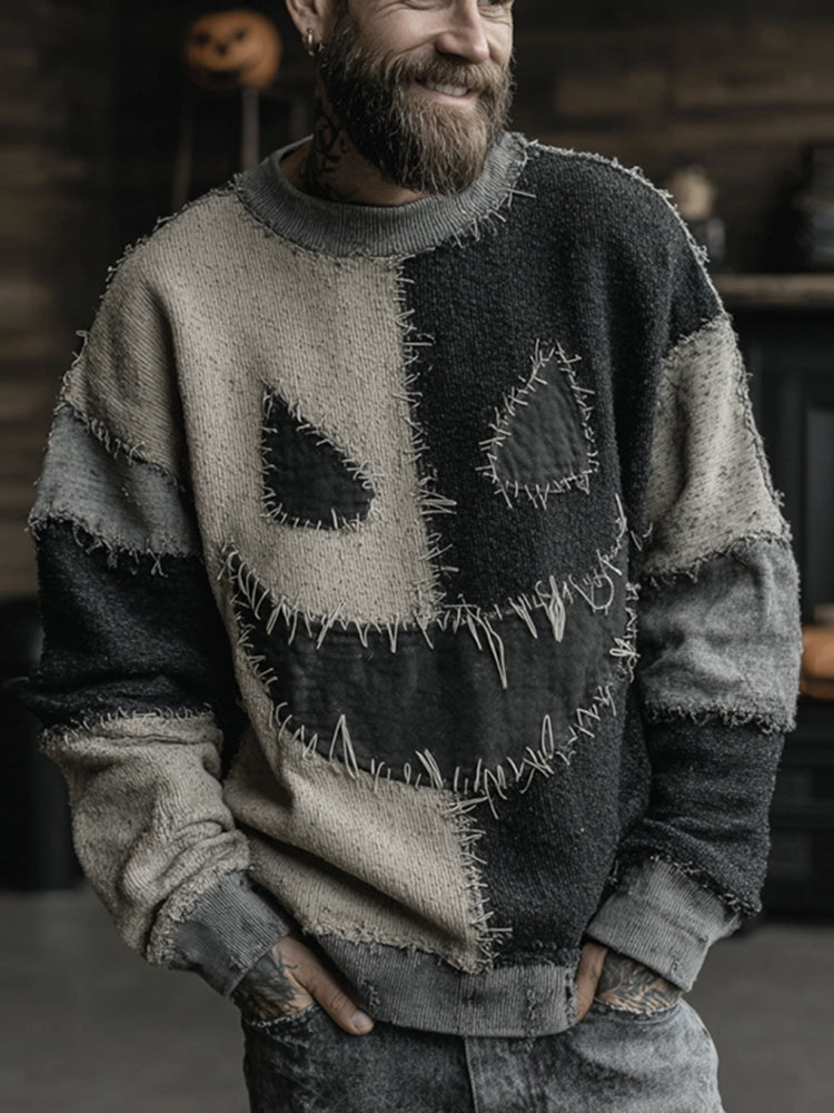 Men's Halloween Spooky Face Colorblock Stitched Cozy Knit Sweater