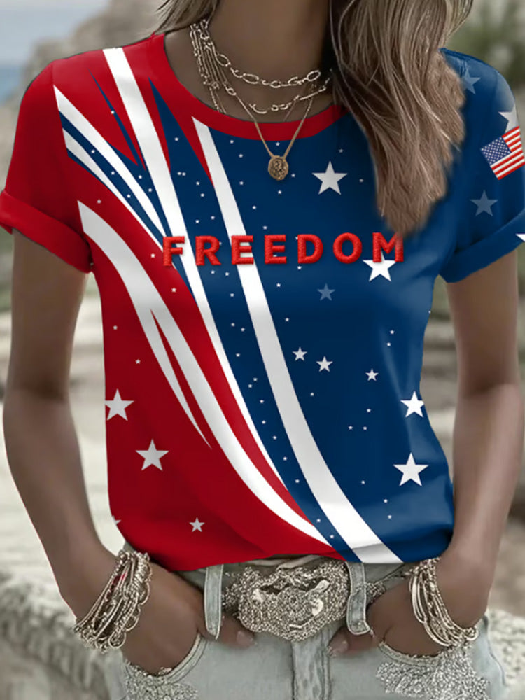 Women's Casual Freedom Flag Contrast Color T-shirt