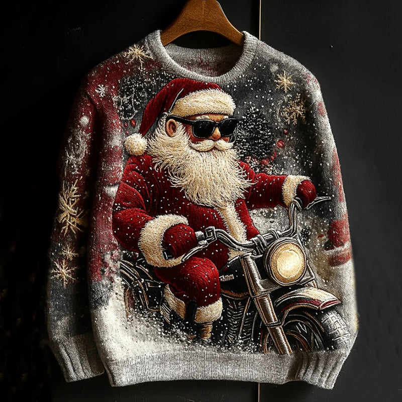 Men's Christmas Santa Claus Riding A Motorcycle In The Snow Print Knit Sweater