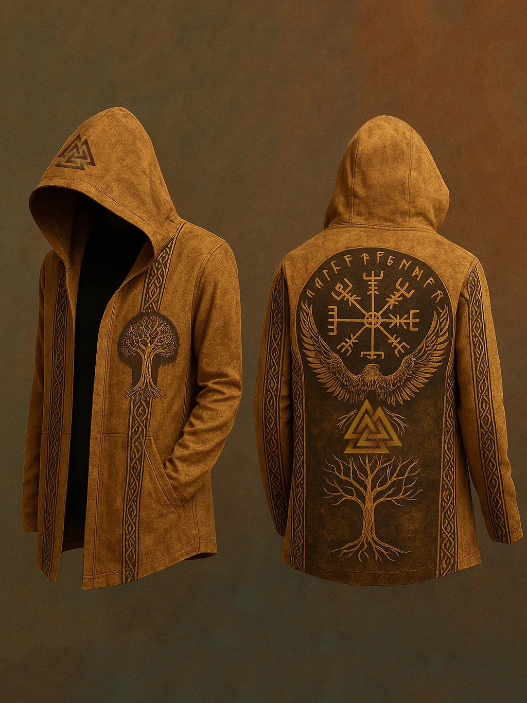 Men's Viking Nordic Tree Of Life Eagle 3d Print Vintage Hooded Jacket