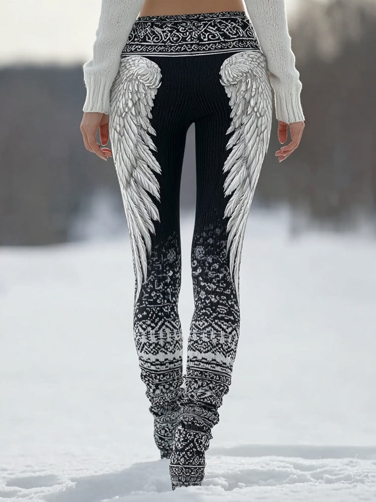 Vintage Viking Inspired Wings Art Cozy Knit Leggings