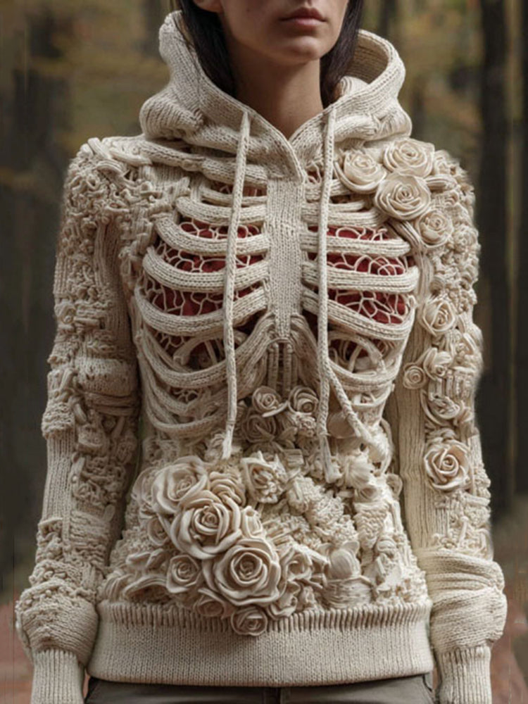 Women's Vintage Skeleton And Floral Knit Hooded Sweater