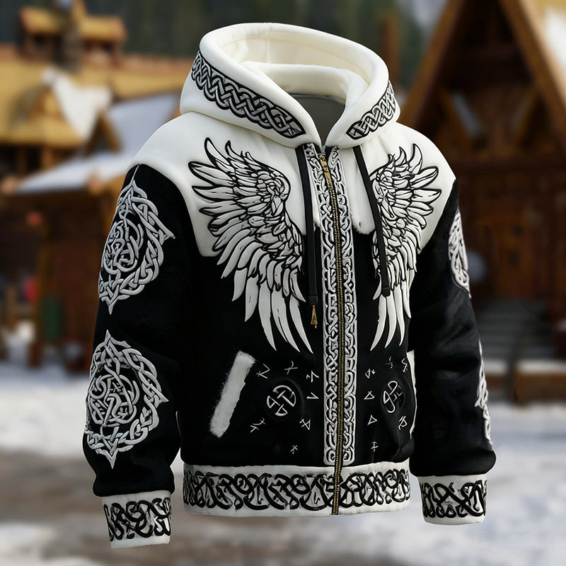 Men's Celtic Knot Wing Pattern Warm Zip-up Sweatshirt