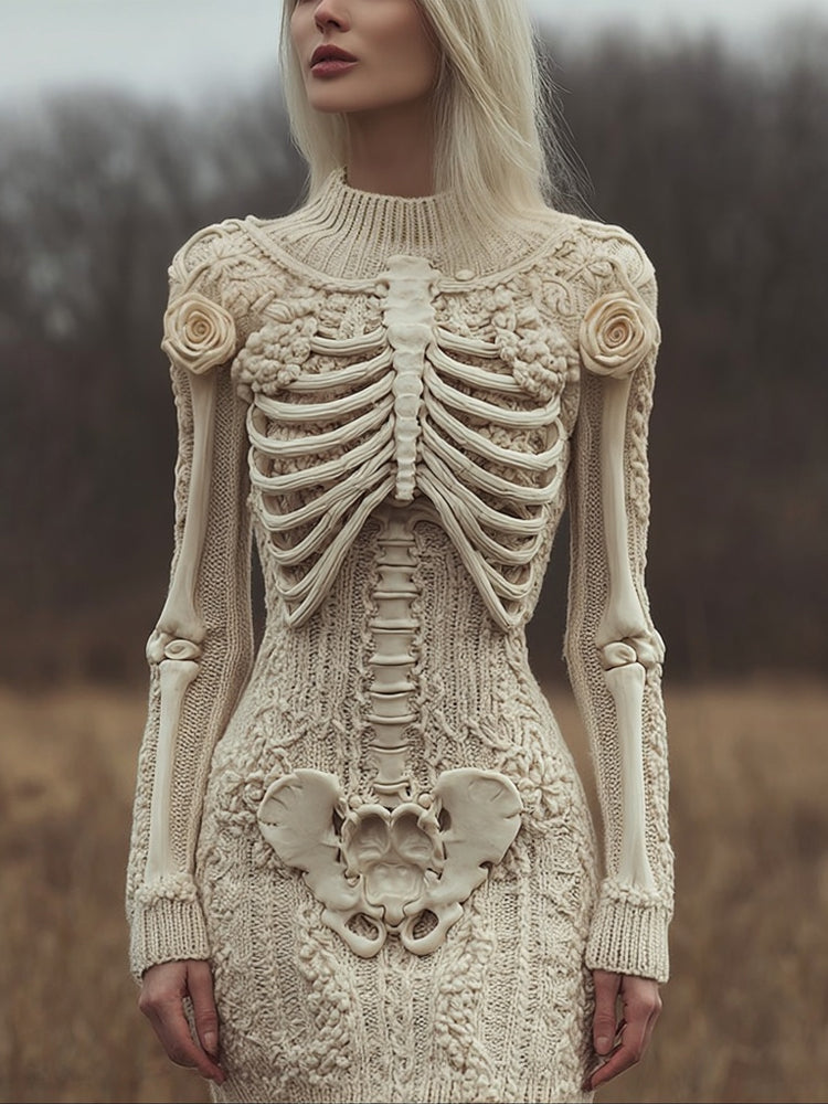 Vintage Skeleton White Roses Slim Fit Cozy Knit Sweater Dress