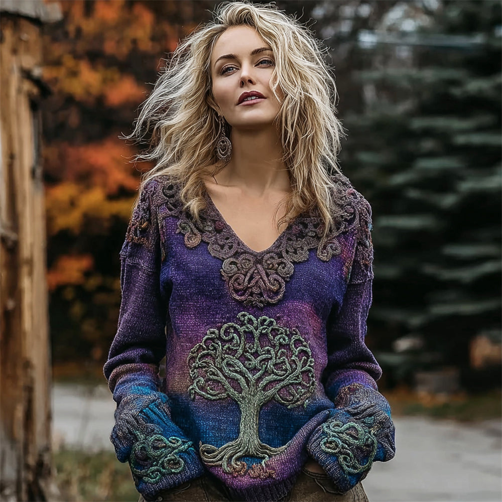 Viking Tree Of Life Knit Embroidered Women's V-neck Sweater