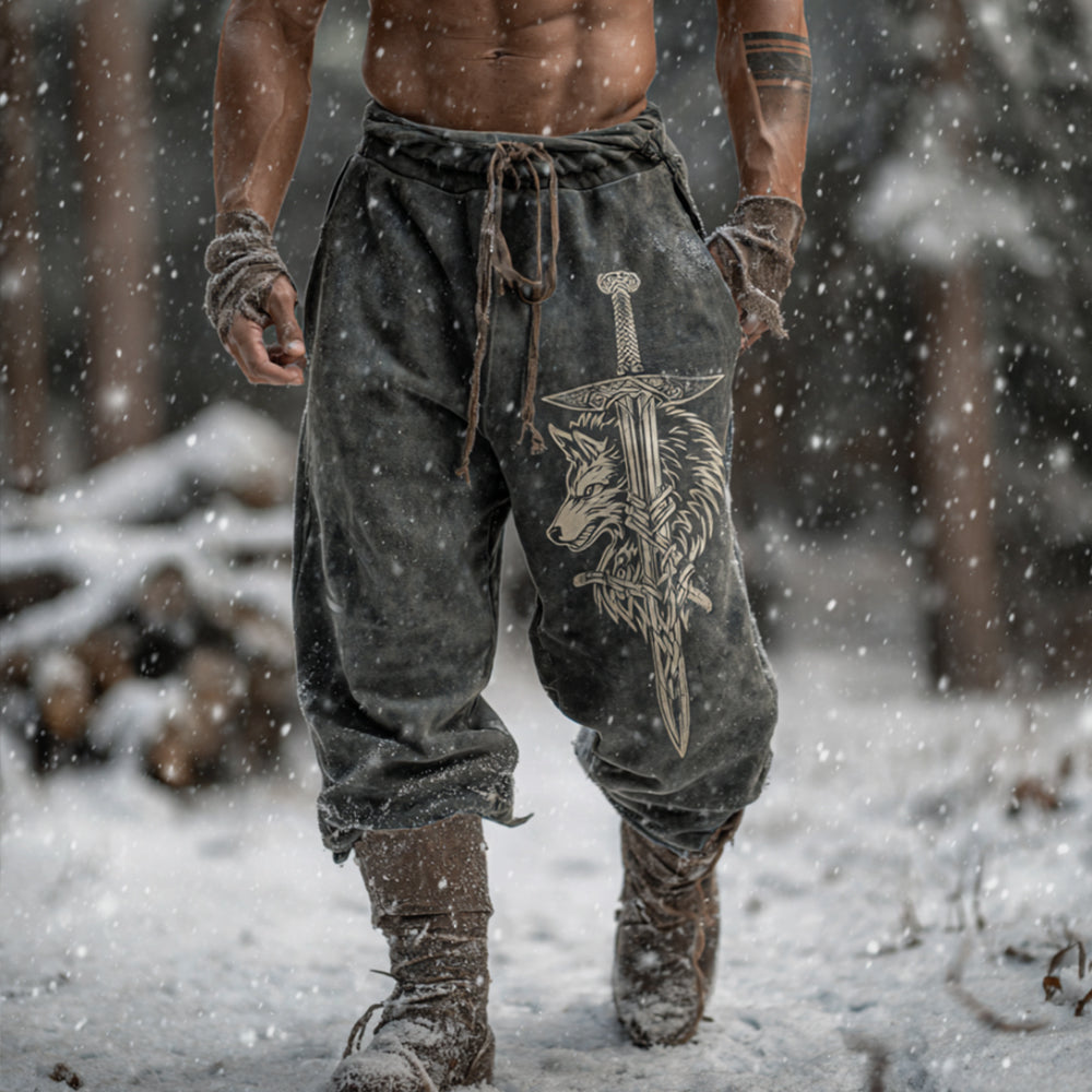 Viking Style Sword And Wolf Flannel Sweatpants
