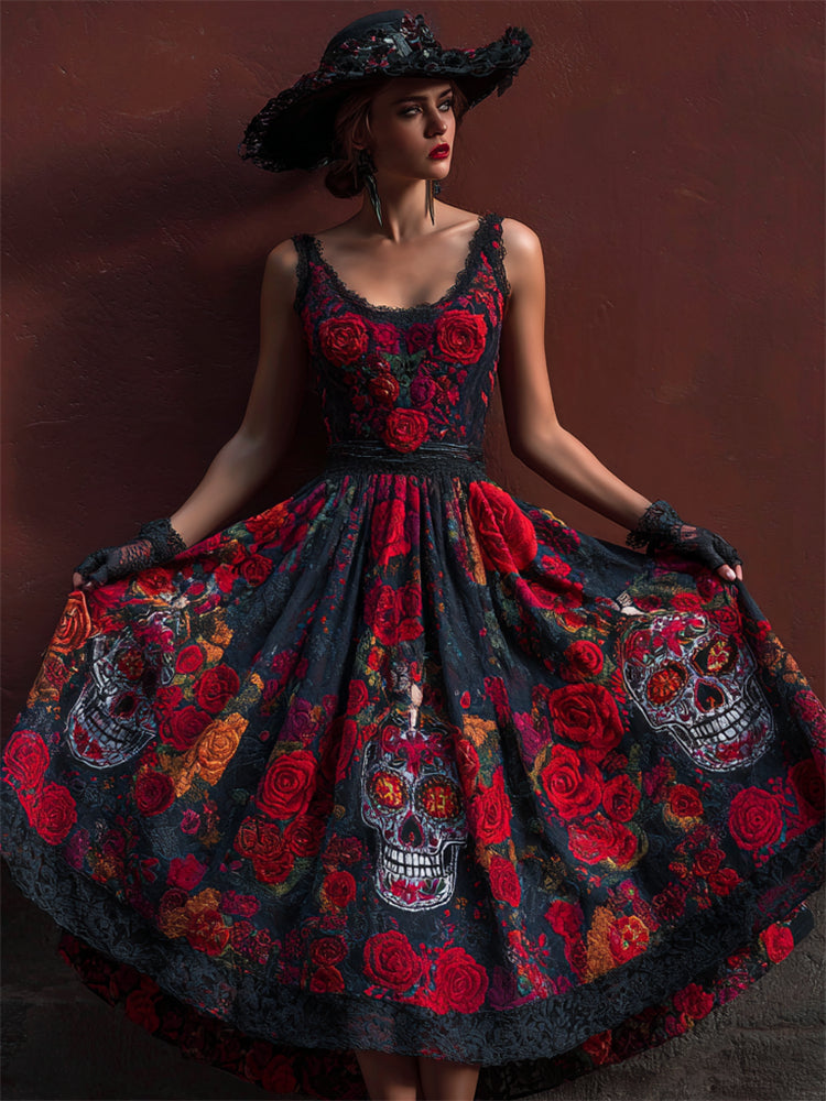 Classy Day Of The Dead Sugar Skulls Floral Linen Maxi Dress