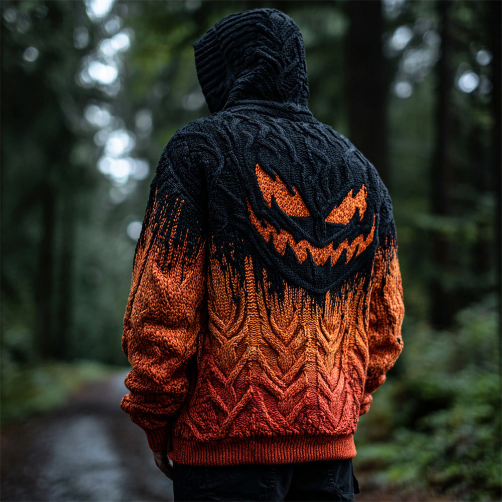 Halloween Evil Spooky Face Gradient Men's Chunky Knit Hooded Cardigan