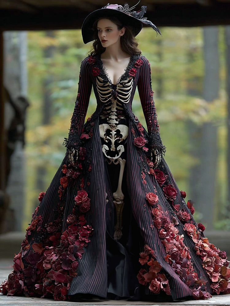 Vintage Skull And Rose Gothic Witch Halloween Maxi Dress