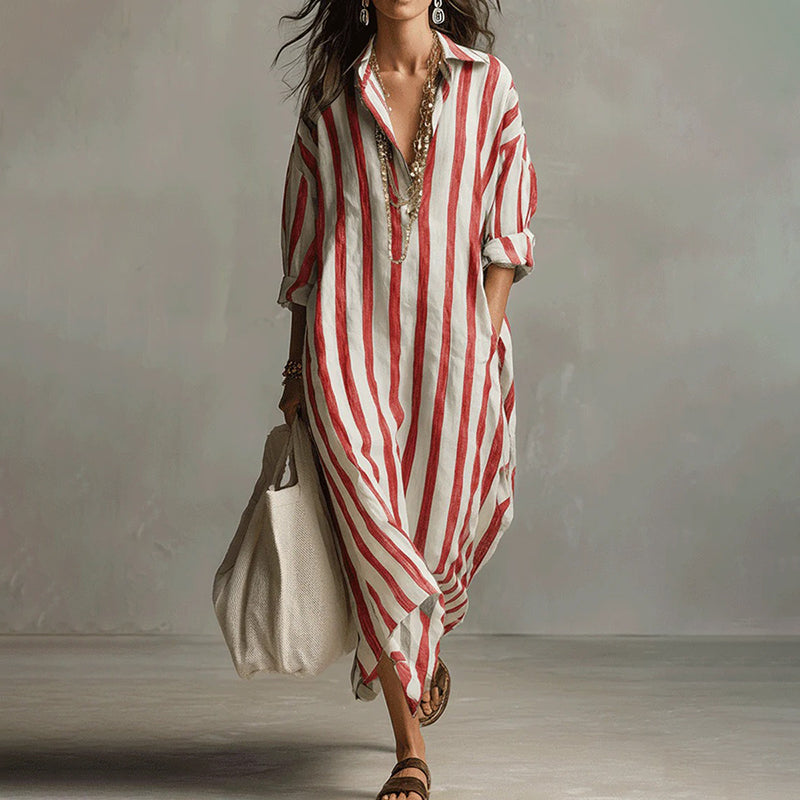 Women's Casual Striped Cotton Linen Maxi Shirt Dress