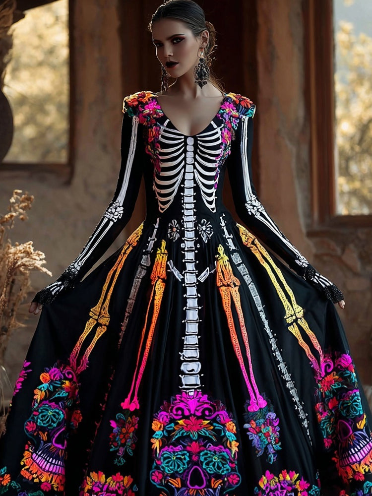 Day Of The Dead Neon Glowing Skeleton V Neck Maxi Dress