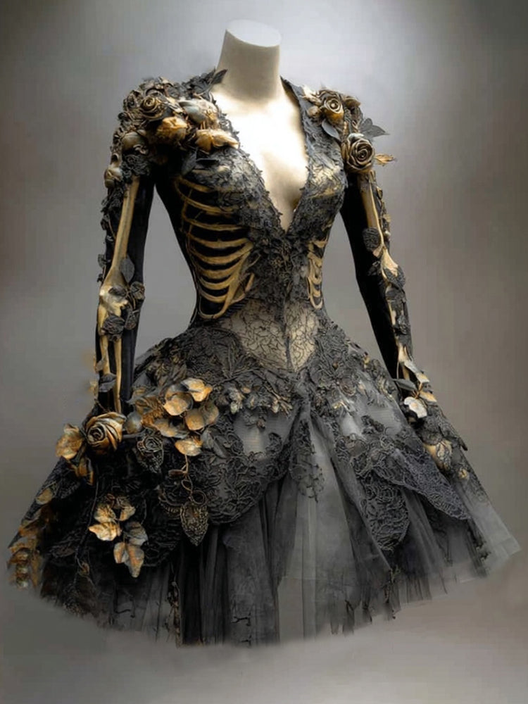 Women's Gothic Skull And Branches Pattern Witch Midi Dress