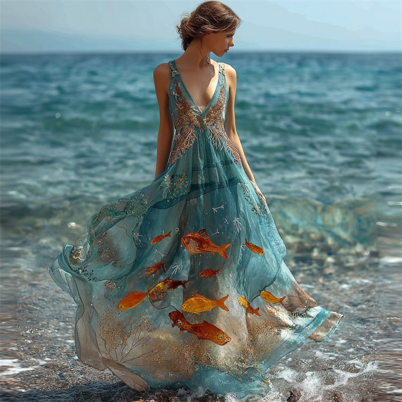 Aquarium Aesthetic Golden Fish & Coral Flowy Maxi Dress