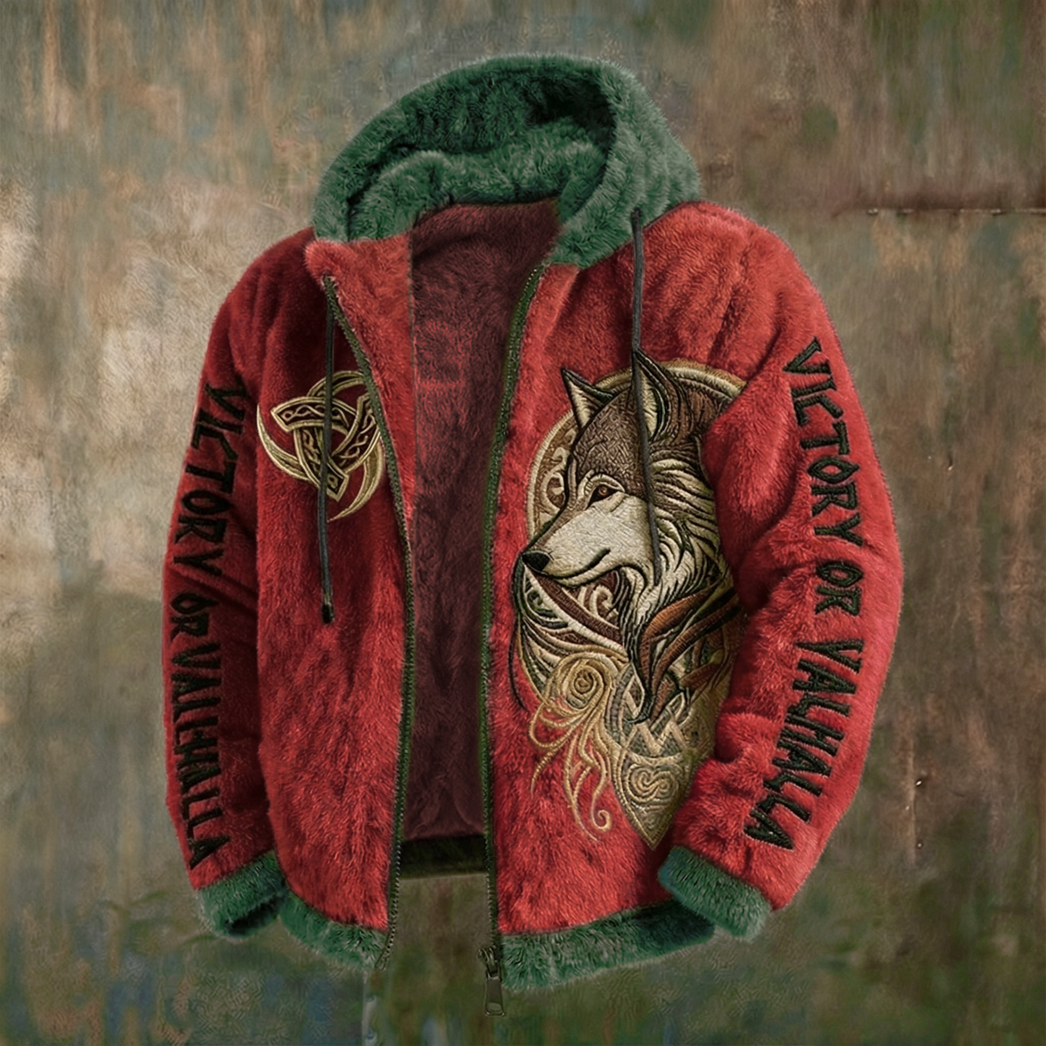 Men's Viking Tribal Jacquard Celtic With Wolves Inspired Plush Warm Zipped Hooded Jacket