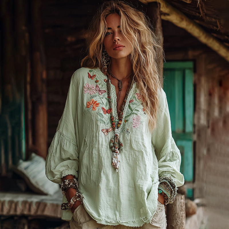 Women's Vacation Boho Floral And Butterfly Print Linen Blend Tops