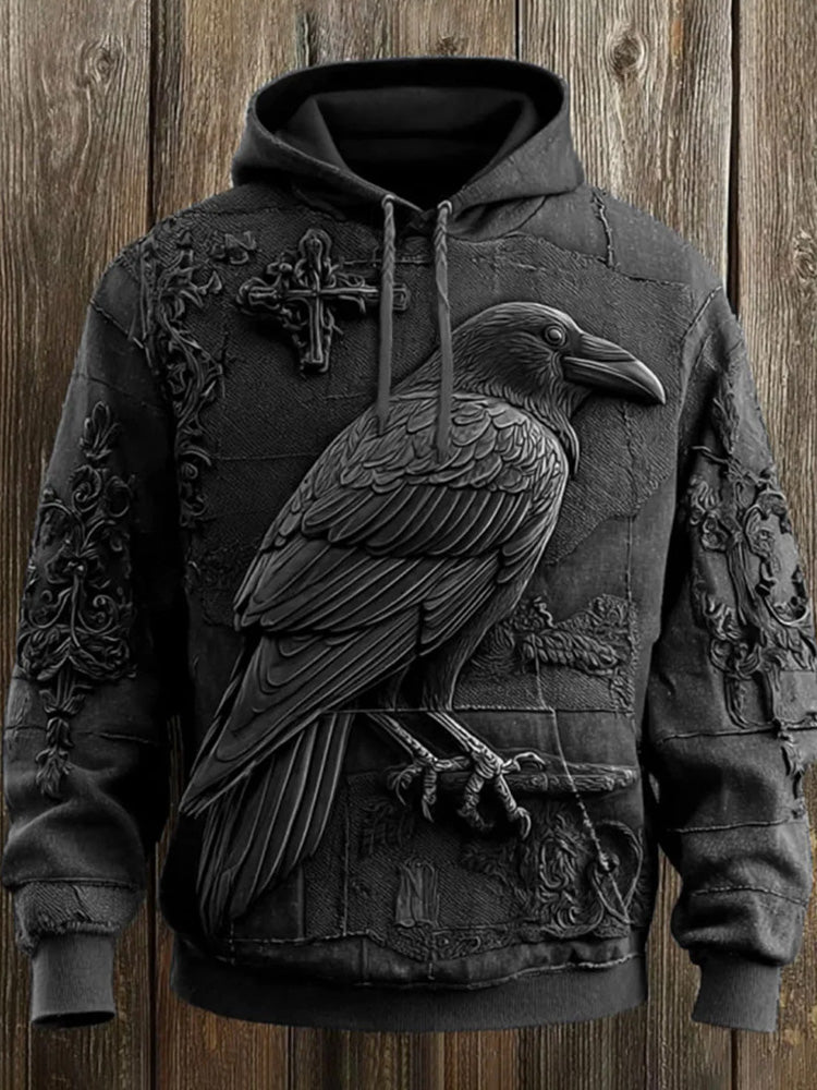 Vintage Halloween Crow Print Art Casual Hoodie