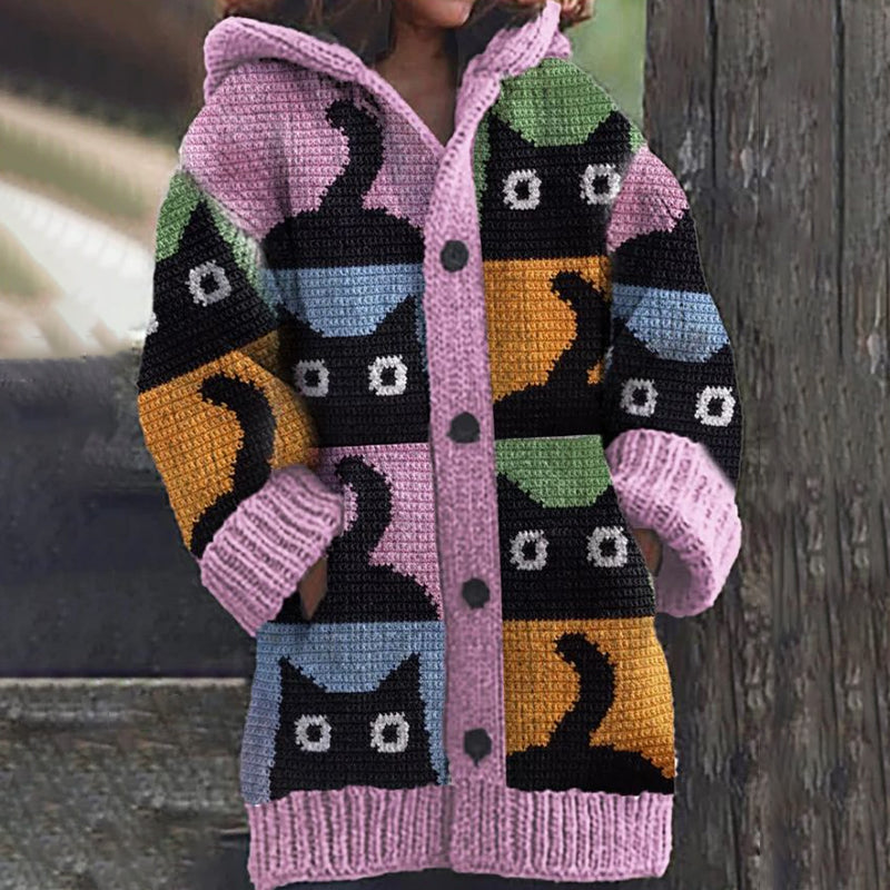 Vintage Cute Black Cats Pattern Cozy Hooded Cardigan