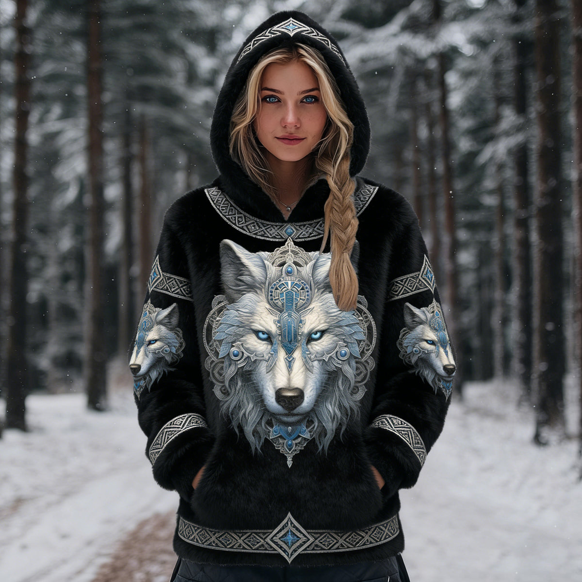 Women's Vintage Wolf Art Plush Cozy Hoodie
