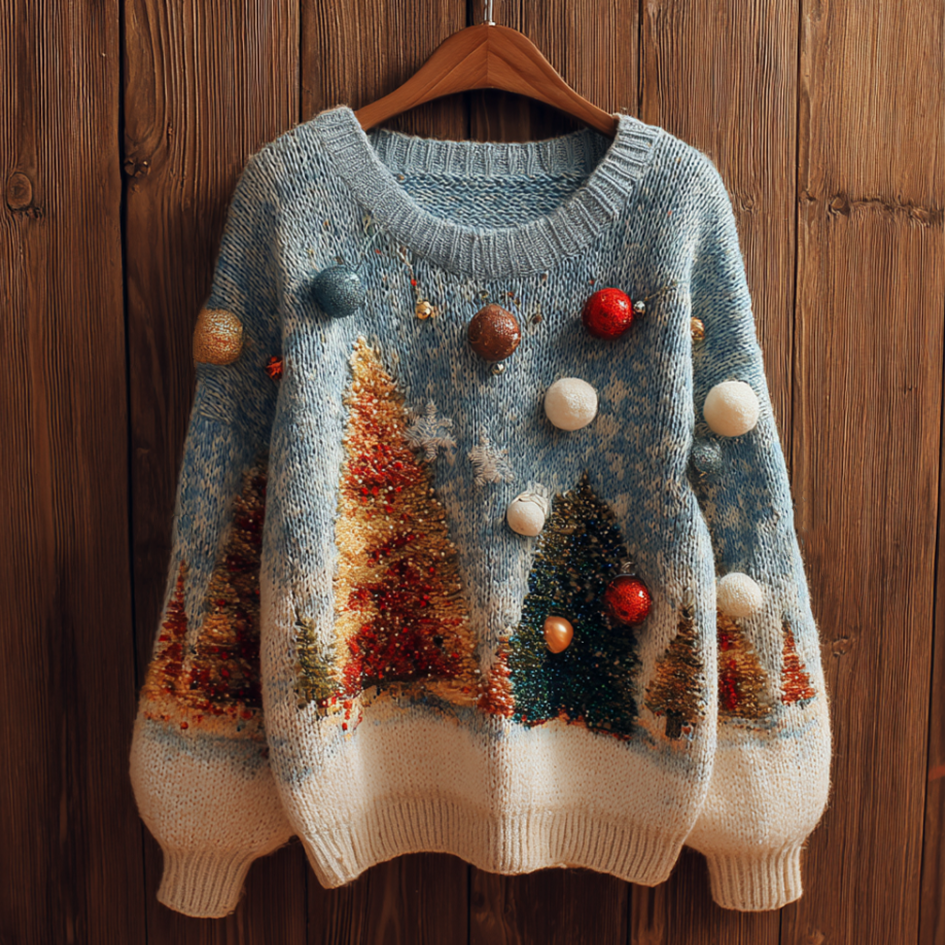 Christmas Tree Elements Women's Round Neck Knit Sweater