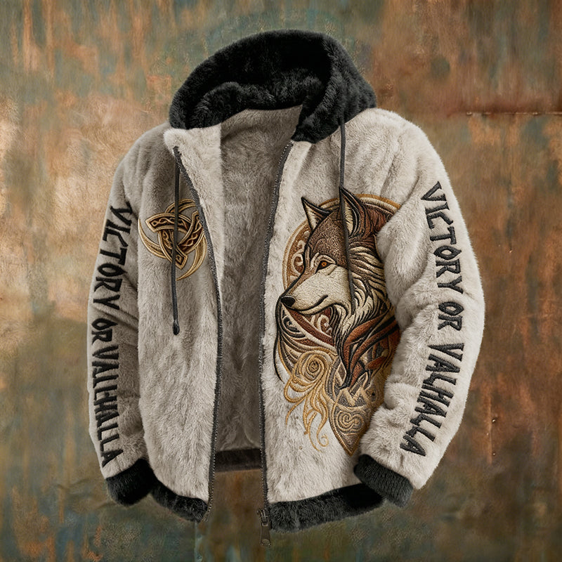 Men's Viking Tribal Jacquard Celtic With Wolves Inspired Plush Warm Zipped Hooded Jacket