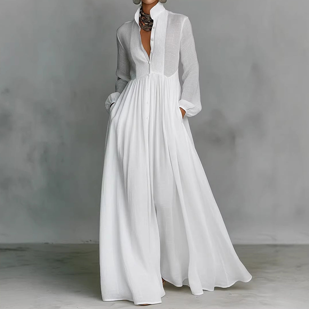 Women's Casual Solid Color Pleated Cotton Linen Maxi Dress