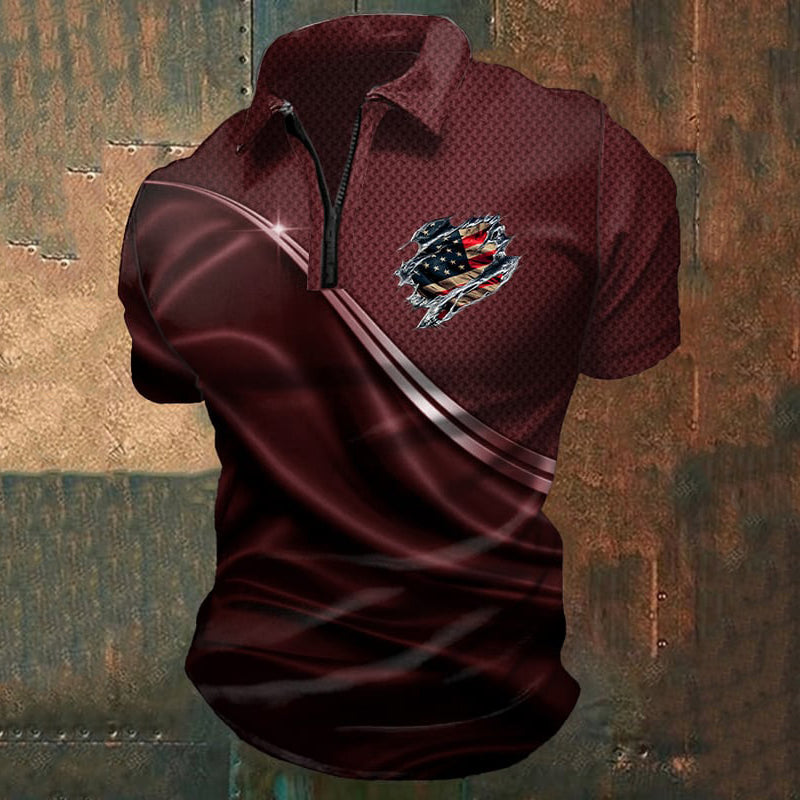 Men's Casual Independence Day Flag Print Zipper Polo Shirt
