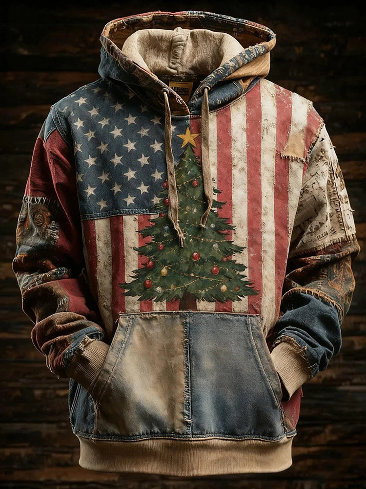Men's Retro American Flag Christmas Tree Hoodie