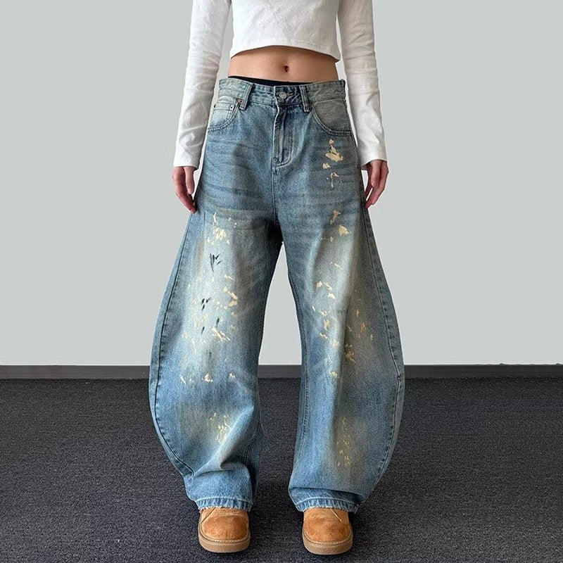 Vintage Washed Distressed Paint Splatter Loose-fitting Baggy Jeans For Women