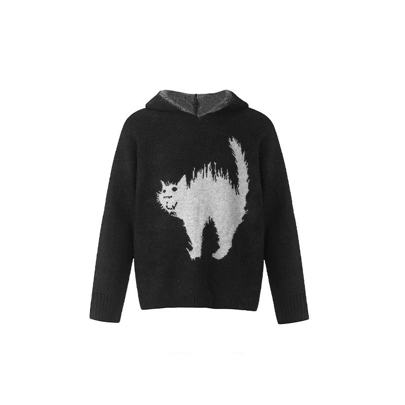Unisex Scaring Black Cat Jacquard Art Knit Cozy Unisex Hooded Sweater