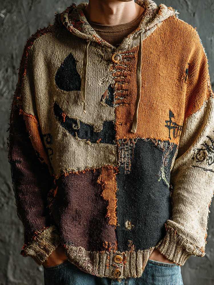 Men's Halloween Pumpkin Face Colorblock Stitched Cozy Knit Hooded Sweater